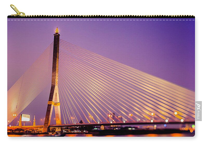 Orange Color Zip Pouch featuring the photograph Bangkok By Night, Rama Bridge Viii by Moreiso
