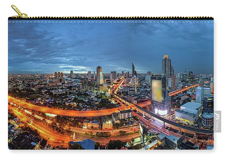 Panoramic Zip Pouch featuring the photograph Bangkok Panorama View by Thanat Rungrattanakajon