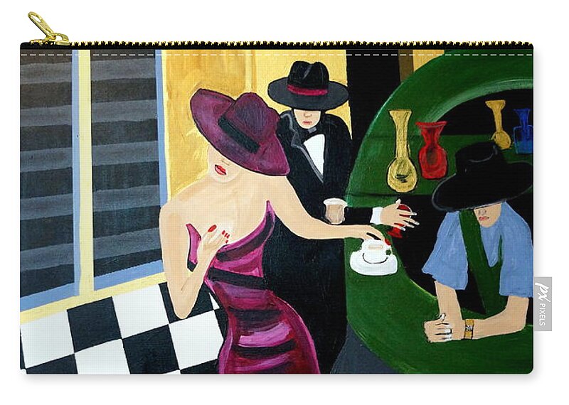 Bar Scene Zip Pouch featuring the painting Bar Scene Lets Have A Drink by Nora Shepley