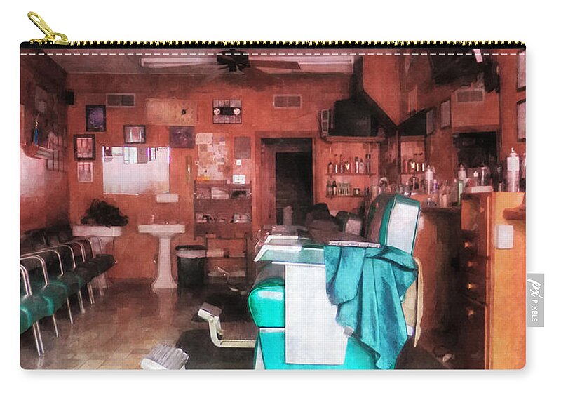 Barber Zip Pouch featuring the photograph Barber - Barber Shop With Green Barber Chairs by Susan Savad