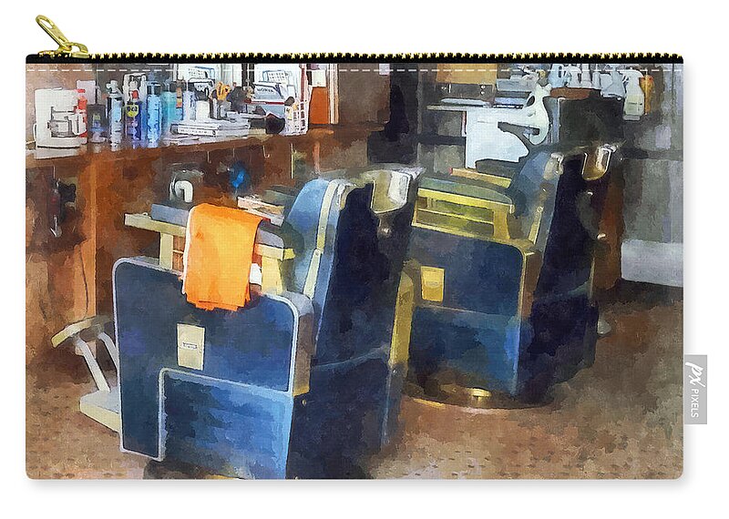 Barber Zip Pouch featuring the photograph Barber Chair With Orange Barber Cape by Susan Savad