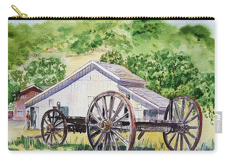 Barn Zip Pouch featuring the painting Barn and Old Wagon at Eugene O Neill Tao House by Irina Sztukowski