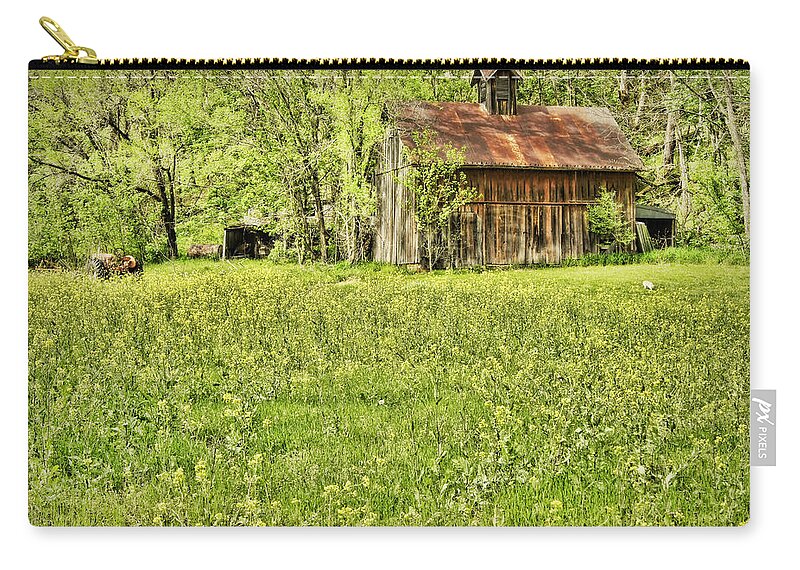 Barn Zip Pouch featuring the photograph Barn in Wild Turnips by Cricket Hackmann