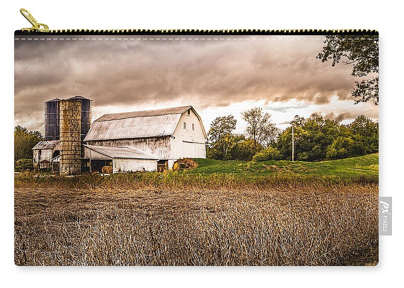 Barn Zip Pouch featuring the photograph Barn Silos Storm Clouds by Ron Pate