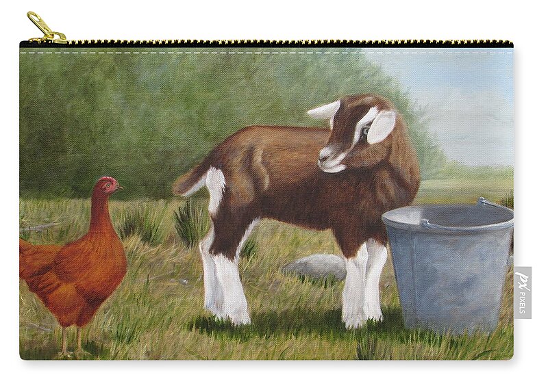 Goat And Chicken Zip Pouch featuring the painting Barnyard Talk by Tammy Taylor