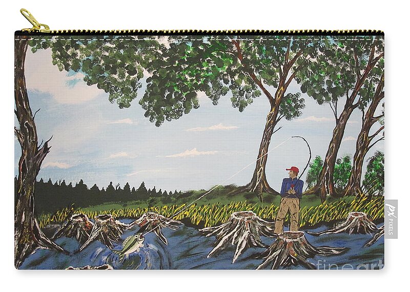  Zip Pouch featuring the painting Bass Fishing In The Stumps by Jeffrey Koss