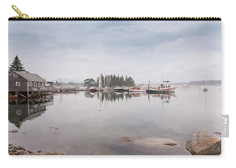 Bass Harbor Zip Pouch featuring the photograph Bass Harbor in the Morning Fog by John M Bailey