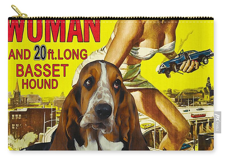 Basset Hound Zip Pouch featuring the painting Basset Hound Art Canvas Print - Attack of the 50ft woman Movie Poster by Sandra Sij