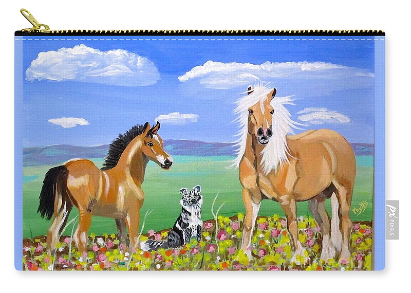 Dog Anf Horses Zip Pouch featuring the painting Bay colt Golden Palomino and Pal by Phyllis Kaltenbach