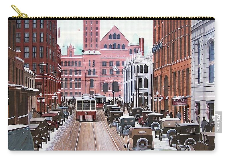 Streetscapes Zip Pouch featuring the painting Bay Street Christmas Eve 1924 by Kenneth M Kirsch