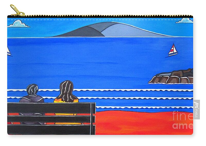 Beach Ocean Front Zip Pouch featuring the painting Beach Bench Day One by Sandra Marie Adams