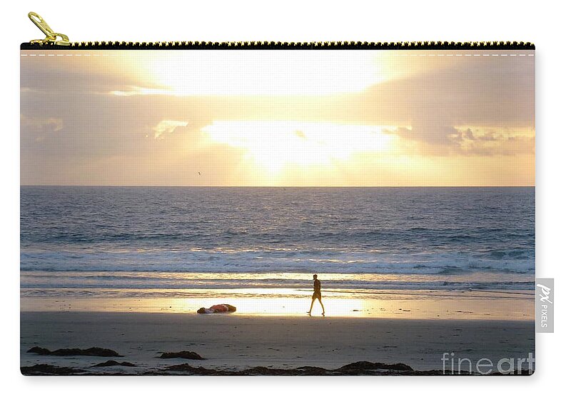 Sunset Zip Pouch featuring the photograph Beachcomber Encounter by Barbie Corbett-Newmin