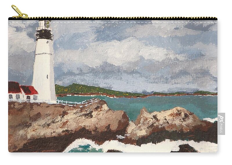 New England Shore Landscape Zip Pouch featuring the painting Beacon of Love by Cynthia Morgan