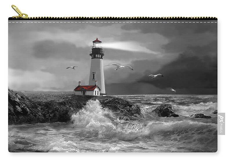 Seascape With The Yaquina Lighthouse In Black And White Oil Painting Zip Pouch featuring the painting Beam of Hope in Black and White by Regina Femrite