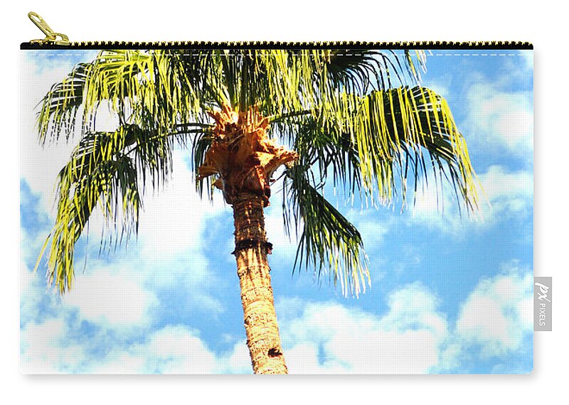 Tree. Palm Zip Pouch featuring the photograph Beautiful Palm Tree Silhouetted Against Blue Cloudy Sky by Jay Milo