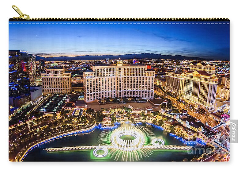 Bellagio Zip Pouch featuring the photograph Bellagio Rountains From Eiffel Tower at Dusk by Aloha Art