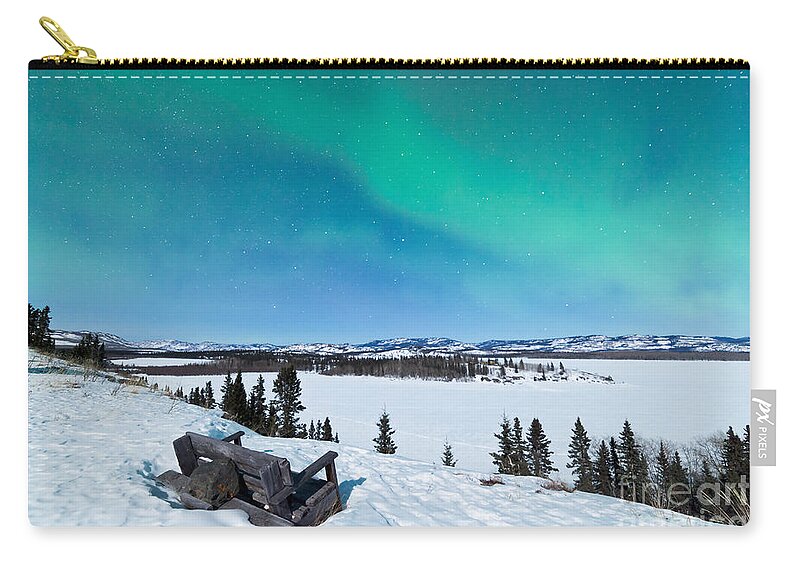 Astronomy Zip Pouch featuring the photograph Bench looking on Lake Laberge with Northern Lights by Stephan Pietzko