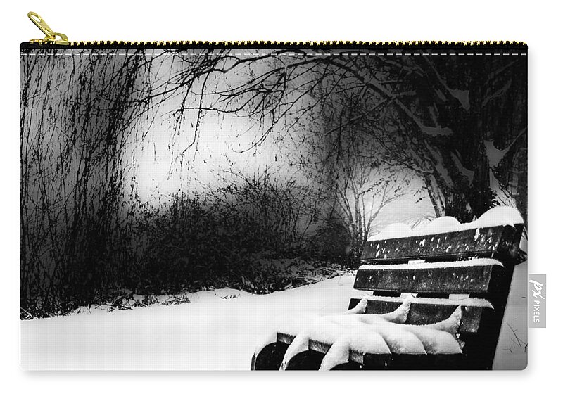 Bench Zip Pouch featuring the photograph Bench On The Riverside by Michael Arend