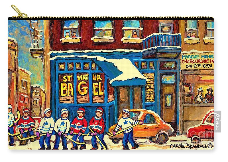 St.viateur Bagel Zip Pouch featuring the painting Best Sellers Original Montreal Paintings For Sale Hockey Game At St.viateur Bagel Carole Spandau by Carole Spandau