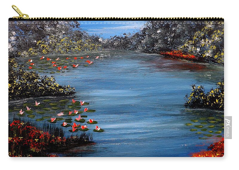 Paintingsbydarren Zip Pouch featuring the painting Beyond the Bridge at Lily Pond by Darren Robinson