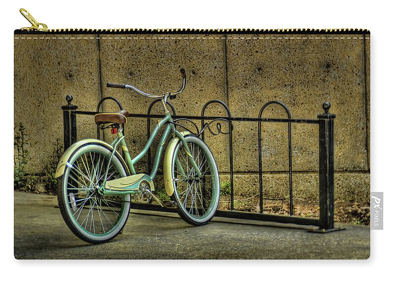 Tranquility Zip Pouch featuring the photograph Bicycle In Bike Rack by D.r. Bennett Photograpy