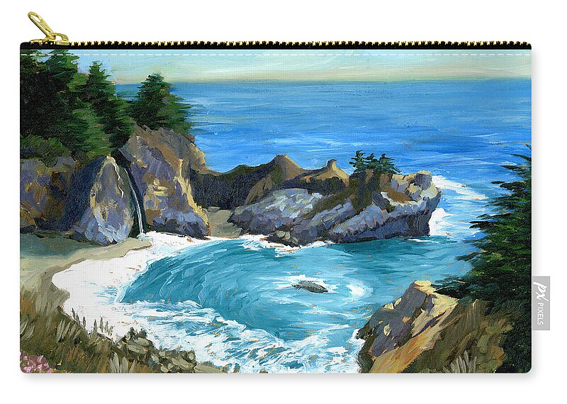 Seascape Carry-all Pouch featuring the painting Big Sur Waterfall by Alice Leggett