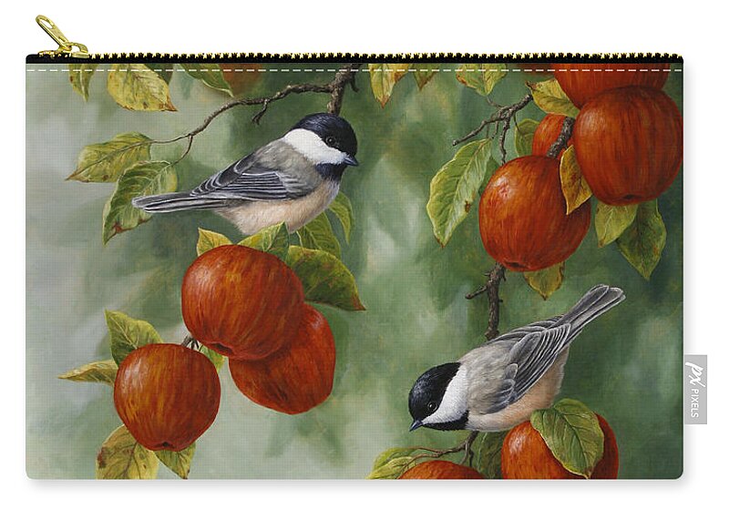 #faatoppicks Zip Pouch featuring the painting Bird Painting - Apple Harvest Chickadees by Crista Forest