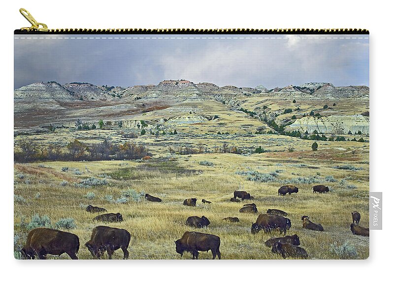 Feb0514 Zip Pouch featuring the photograph Bison Herd On Praire Theodore Roosevelt by Tim Fitzharris
