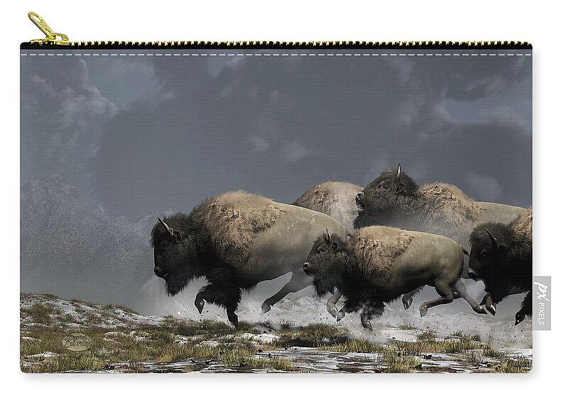 Bison Zip Pouch featuring the digital art Bison Stampede by Daniel Eskridge