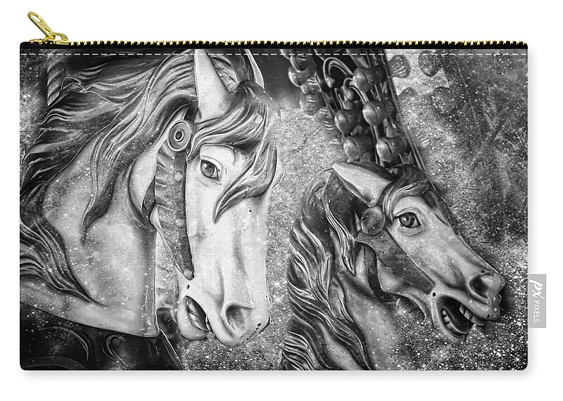 Black And White Carousel Horses Zip Pouch featuring the photograph Black and White Carousel Horses by Melissa Bittinger