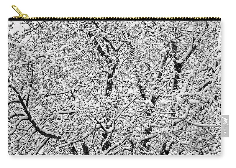 Winter Zip Pouch featuring the photograph Black and White Snowy Tree Branches Abstract Six by James BO Insogna