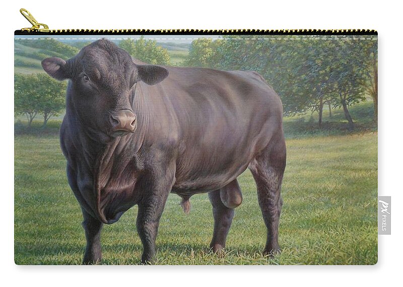 Black Angus Bull Zip Pouch featuring the painting Black Angus Bull 2 by Hans Droog