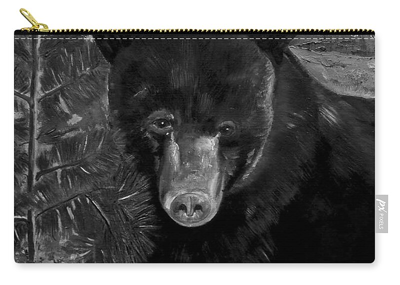 Black Bear Zip Pouch featuring the painting Black Bear - Scruffy - Black and White Cropped Portrait by Jan Dappen