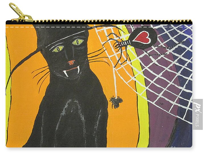Cat Zip Pouch featuring the painting Black Cat In A Hat by Jeffrey Koss