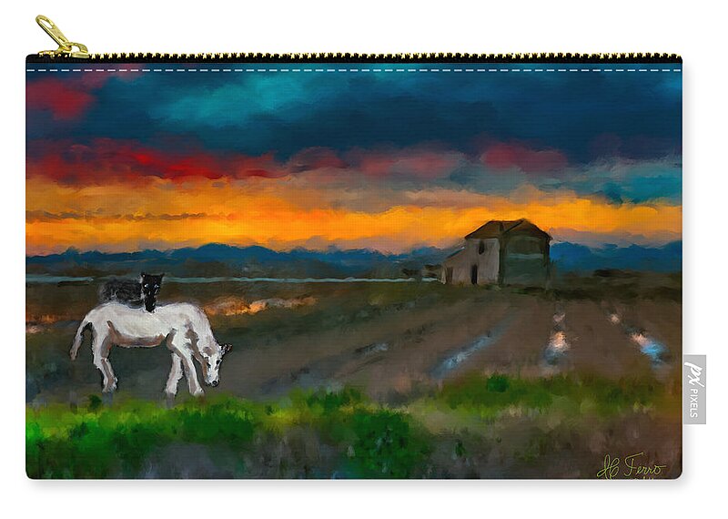 Rice Field Zip Pouch featuring the photograph Black Cat on a White Horse by Juan Carlos Ferro Duque