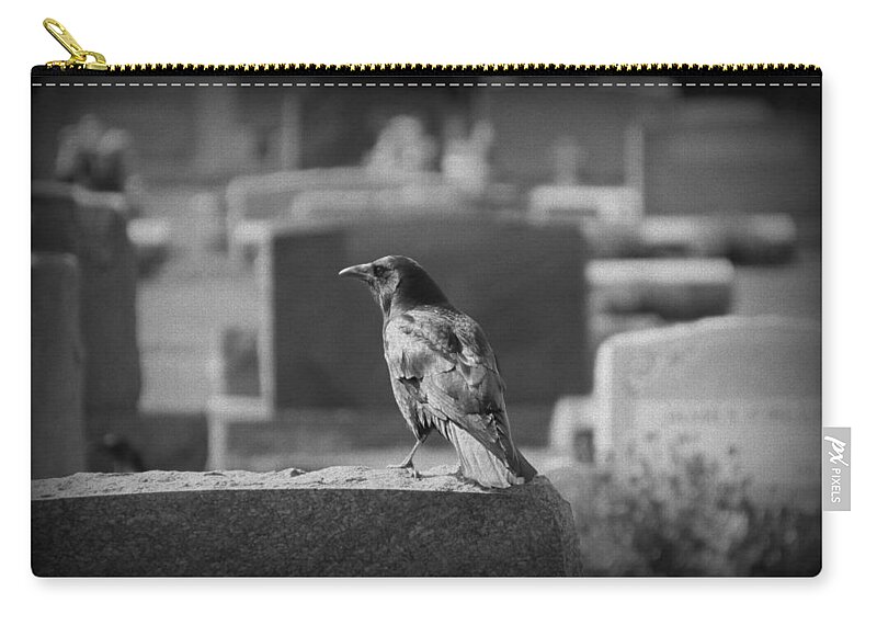 Crow Zip Pouch featuring the photograph Black Crow on Grave Stone by Valerie Collins