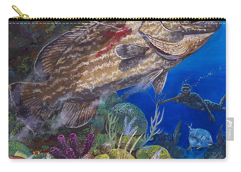 Spearfishing Zip Pouch featuring the painting Black Grouper hole by Carey Chen
