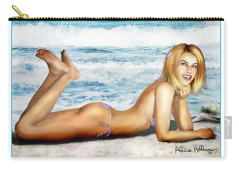 Pin-up Zip Pouch featuring the mixed media Blonde on Beach by Alicia Hollinger