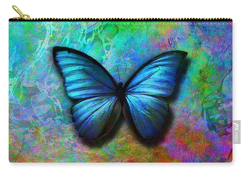 Blue Butterfly Zip Pouch featuring the digital art Blue Butterfly on colorful background by Lilia S