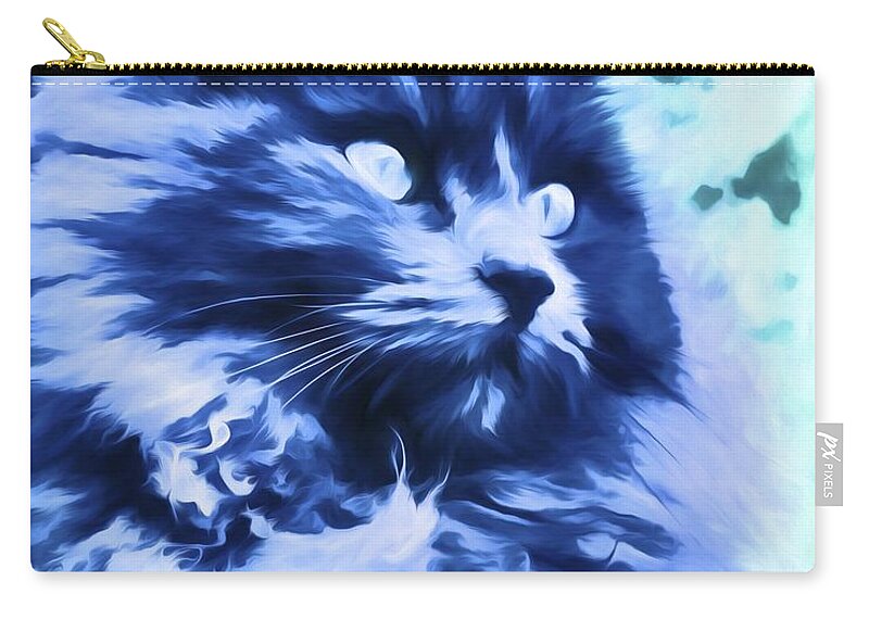 Cat Zip Pouch featuring the digital art Blue Cat Art by Priya Ghose by Priya Ghose