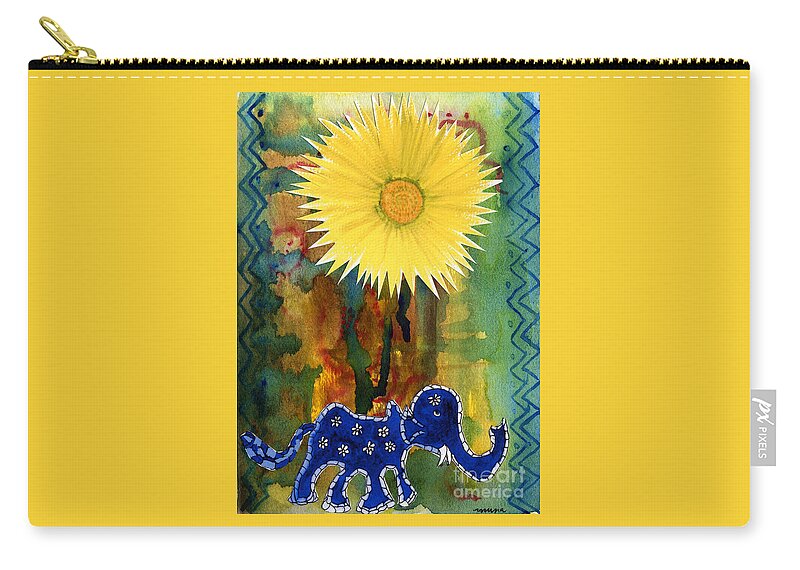 Blue Elephant In The Rainforest Zip Pouch featuring the painting Blue Elephant in the Rainforest by Mukta Gupta
