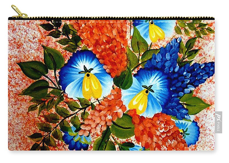 Blue Pansies Zip Pouch featuring the painting Blue Pansies Bouquet by Barbara A Griffin
