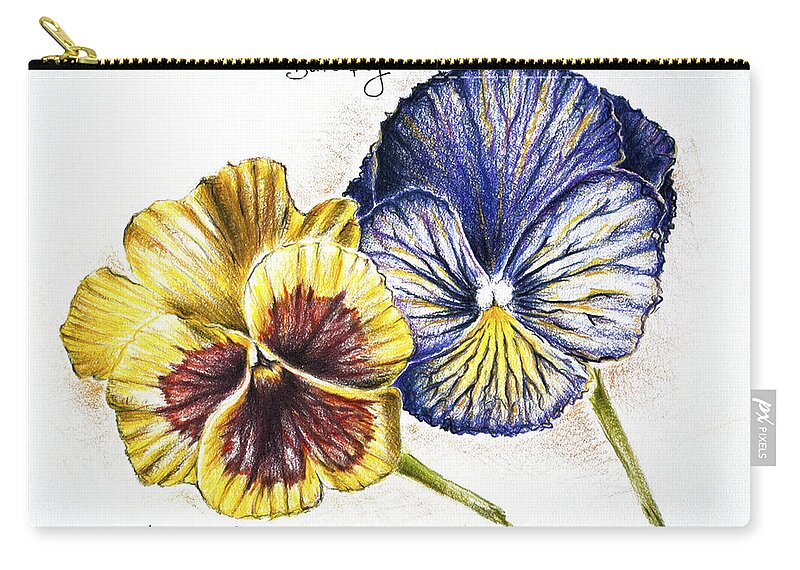 Blue Zip Pouch featuring the drawing Blue Yellow Pansies by Katharina Bruenen