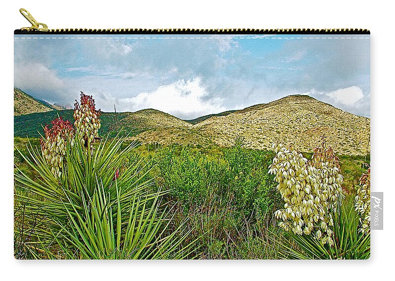 Blue Yucca And Chisos Mountains In Big Bend National Park Zip Pouch featuring the photograph Blue Yucca and Chisos Mountains in Big Bend National Park-Texas by Ruth Hager