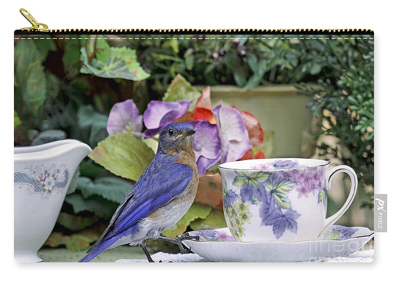 Billy Bluebird Photography Zip Pouch featuring the photograph Bluebird and Tea Cups by Luana K Perez