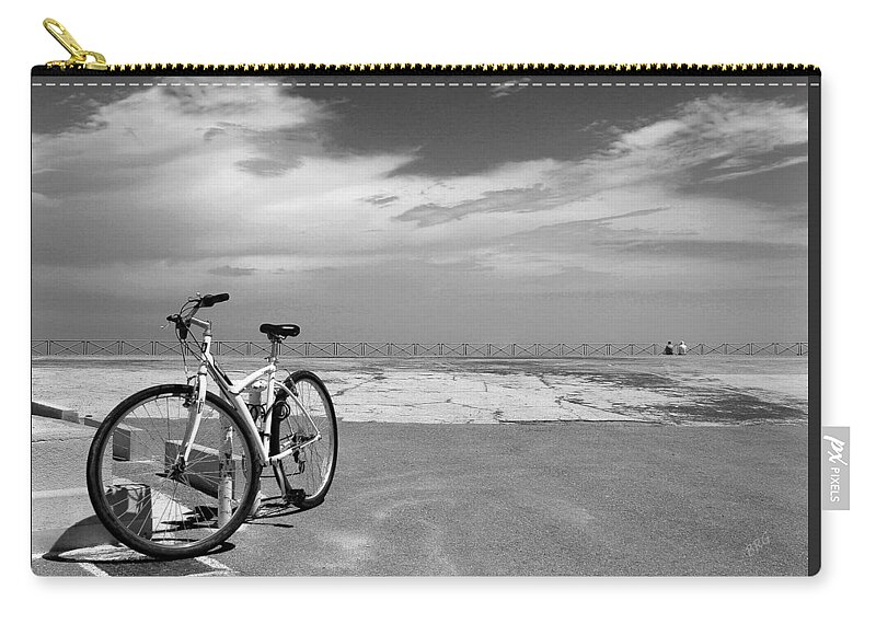 Bicycle Zip Pouch featuring the photograph Boardwalk View With Bike In Antibes France Black And White by Ben and Raisa Gertsberg