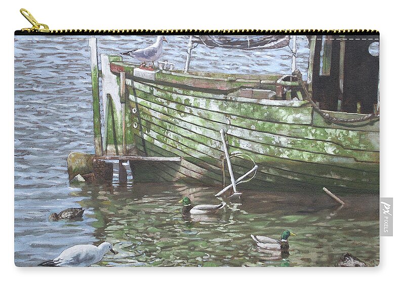 Boat Zip Pouch featuring the painting Boat Wreck With Sea Birds by Martin Davey