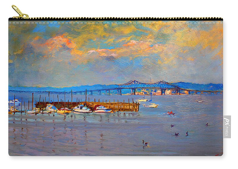 Piermont Ny Zip Pouch featuring the painting Boats in Piermont harbor NY by Ylli Haruni