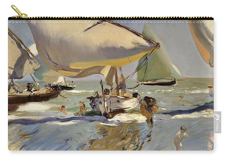 Joaquin Sorolla Y Bastida Zip Pouch featuring the painting Boats on the Shore by Joaquin Sorolla y Bastida