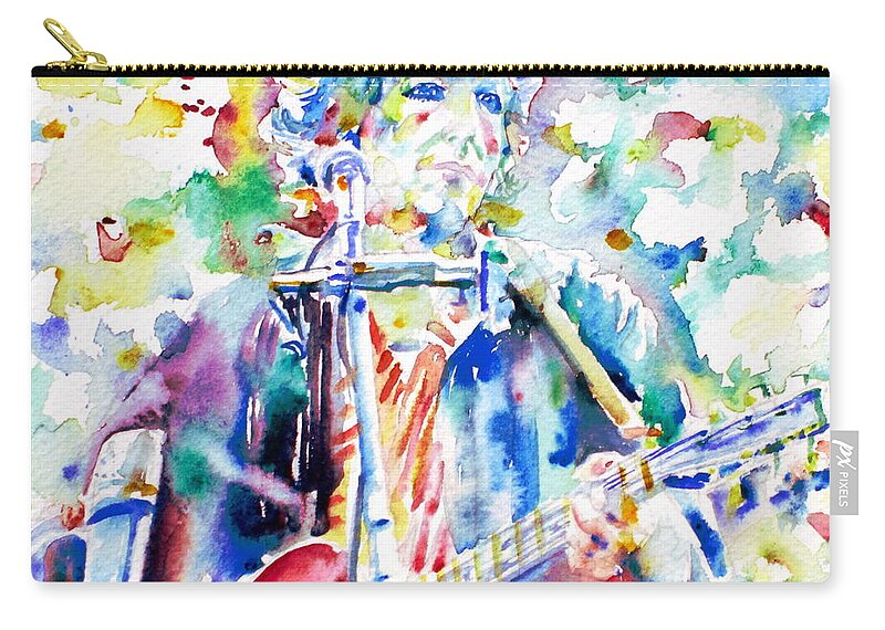Bob Zip Pouch featuring the painting BOB DYLAN playing the GUITAR - watercolor portrait.1 by Fabrizio Cassetta